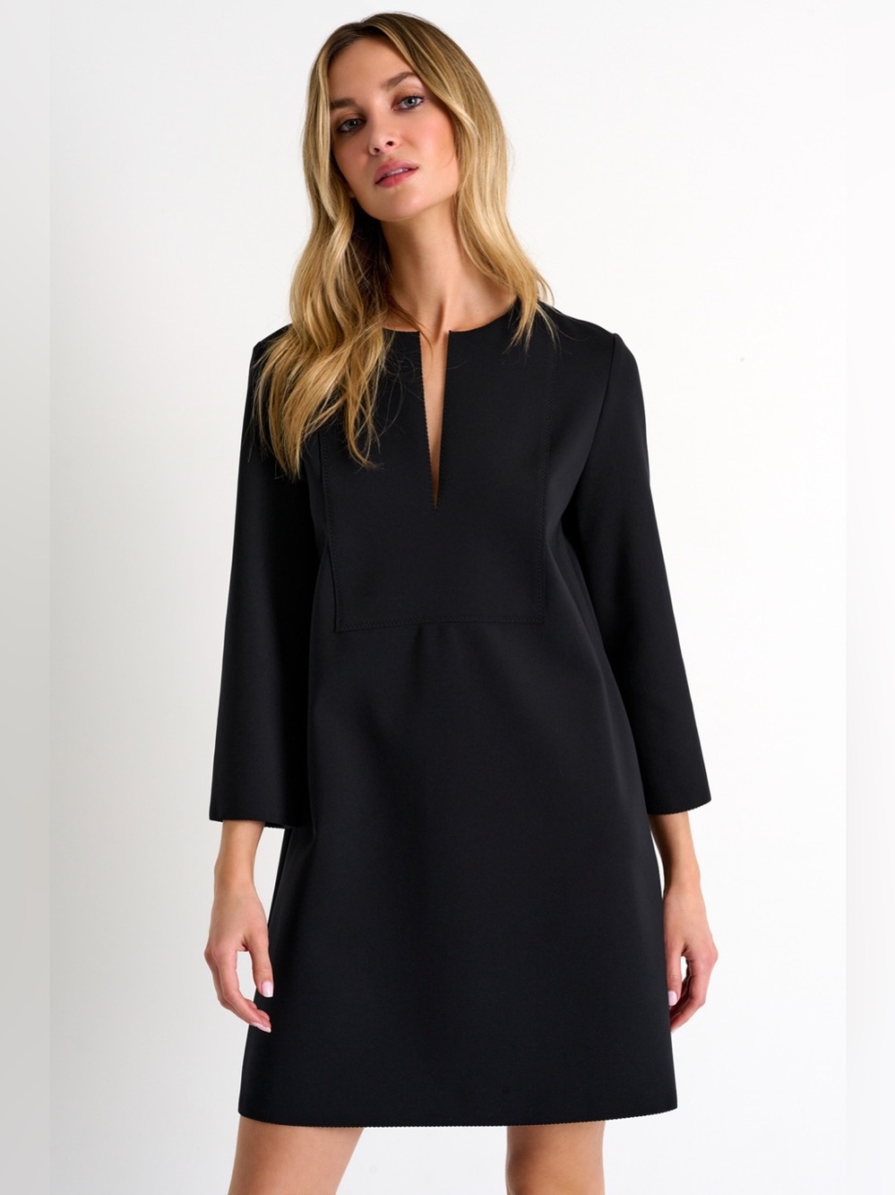 Babaton Aritzia Black Shift Dress Split Neck 3/4 Sleeve Size 0 Minimalist Fall